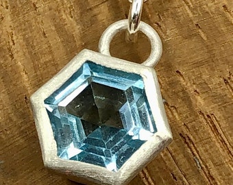 Large 8mm Sky Blue Topaz Hexagon Sterling Silver Chunky Pendant. November birthstone, gift for her, wedding jewellery, statement, luxury.