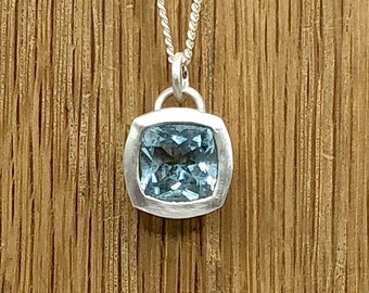 Large 8mm Sky Blue Topaz Cushion cut Sterling Silver Chunky Pendant. November birthstone, for her, wedding jewellery, statement, Luxury.