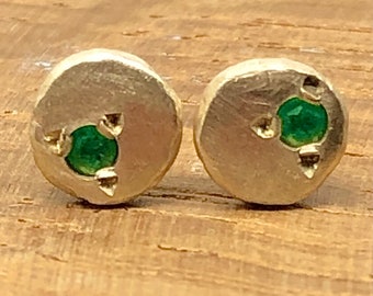 9ct solid Yellow Gold Emerald Minimalist Stud Earrings. Small yellow Gold Studs, gift for her, unisex studs, Contemporary earrings.