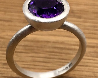 8mm Purple Amethyst sterling Silver Chunky cup Ring size “M”. Handmade February Birthstone, special ring, birthday, everyday, gift.