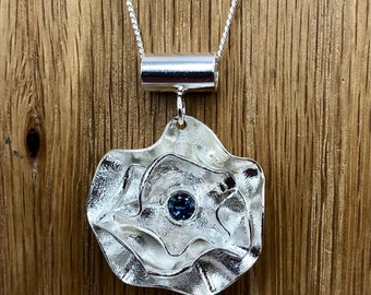 Sterling Silver London Blue Topaz Rose Pendant Large. Organic Handmade Necklace, Gift For Her, Special Occasion, November Birthstone, bar.