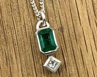 Emerald and Diamond Sterling Silver Pendant. Handmade necklace, May April Birthstone, small elegant necklace, Luxury gift, gift for her.