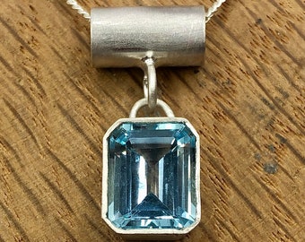 10x8mm Emerald cut Sky Blue Topaz Sterling Silver Bar Pendant. November birthstone, gift for her, wedding jewellery, statement necklace,m.