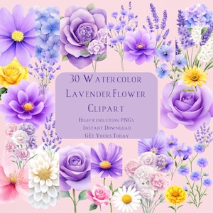 Clipart de flor violeta imprimible, flor de lavanda de acuarela PNG, clipart de flor violeta digital, planificador, pegatina decorativa de flor de primavera PNG