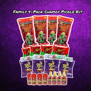Family Chamoy Pickle Kit With All The Mexican Candy Takis and Mexican Candy Takis, Lucas Candy, Salsagheti, Roll-Ups, Snack Kit Candies