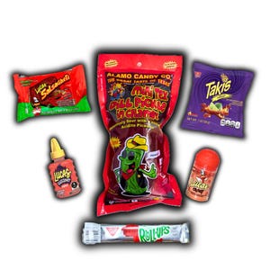 Bix Tex Chamoy Pickle Kit With Takis and Mexican Candy Takis, Lucas Candy, Salsagheti Roll-Ups, Pulparindo Snack Kit Candies