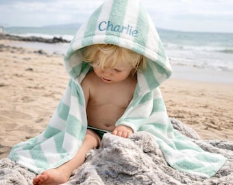 Personalized Toddler Hooded Towel | Kids Mint Beach Towel with Name | Custom Baby Bath Towel | Striped Hooded Towel Gift