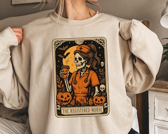 Skeleton Nurse Tarot Card Sweatshirt: Funny Halloween RN Crewneck
