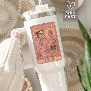 Personalized Cardiac Sonographer 40oz Tumbler with Handle, Halloween Tarot Skeleton Cup, Custom Sonographer Gift, Sonographer Student Gift