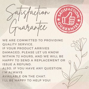 Puede incluir: Gr&aacute;fico con las palabras "Satisfaction Guarantee" en escritura a mano. Un c&iacute;rculo rojo con un pulgar hacia arriba y las palabras "Satisfaction Guarantee" est&aacute; en la esquina superior derecha. El texto promete un servicio de calidad y reemplazos o reembolsos.