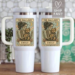 Personalized Yorkie Tarot Tumbler 40oz, Gothic Dog Mom Cup With Handle, Skeleton Yorkshire Terrier Travel Mug, Custom Pet Lover Gift
