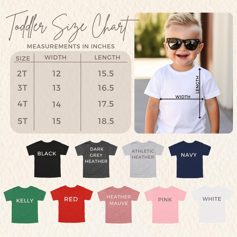 Puede incluir: Tabla de tallas para ni&ntilde;os peque&ntilde;os con medidas en pulgadas para las tallas 2T a 5T. La tabla muestra las medidas de ancho y largo. Debajo de la tabla hay ejemplos de camisetas en varios colores, incluyendo negro, gris oscuro jaspeado, gris atl&eacute;tico, azul marino, verde, rojo, malva jaspeado, rosa y blanco.