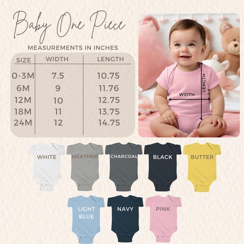 Puede incluir: Body de beb&eacute; de una pieza en varios colores, incluyendo blanco, gris jaspeado y azul marino. Se proporcionan medidas en pulgadas para las tallas de 0-3M a 24M. Se muestra un beb&eacute; con un body rosa.