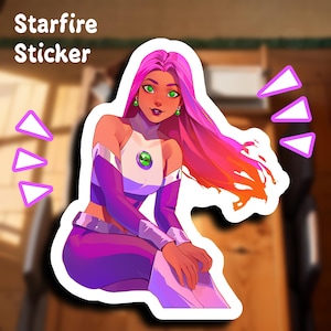 May include: A Starfire sticker featuring a seated cartoon character with pink hair and green eyes. The character wears a purple and white outfit with a green gem. The sticker has the words "Starfire Sticker" in white text.