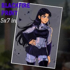 May include: A digital illustration of a female character with long black hair, wearing a black and silver costume. The character has a serious expression and is standing with one hand on her hip. The background is a gray gradient with black splatter paint.