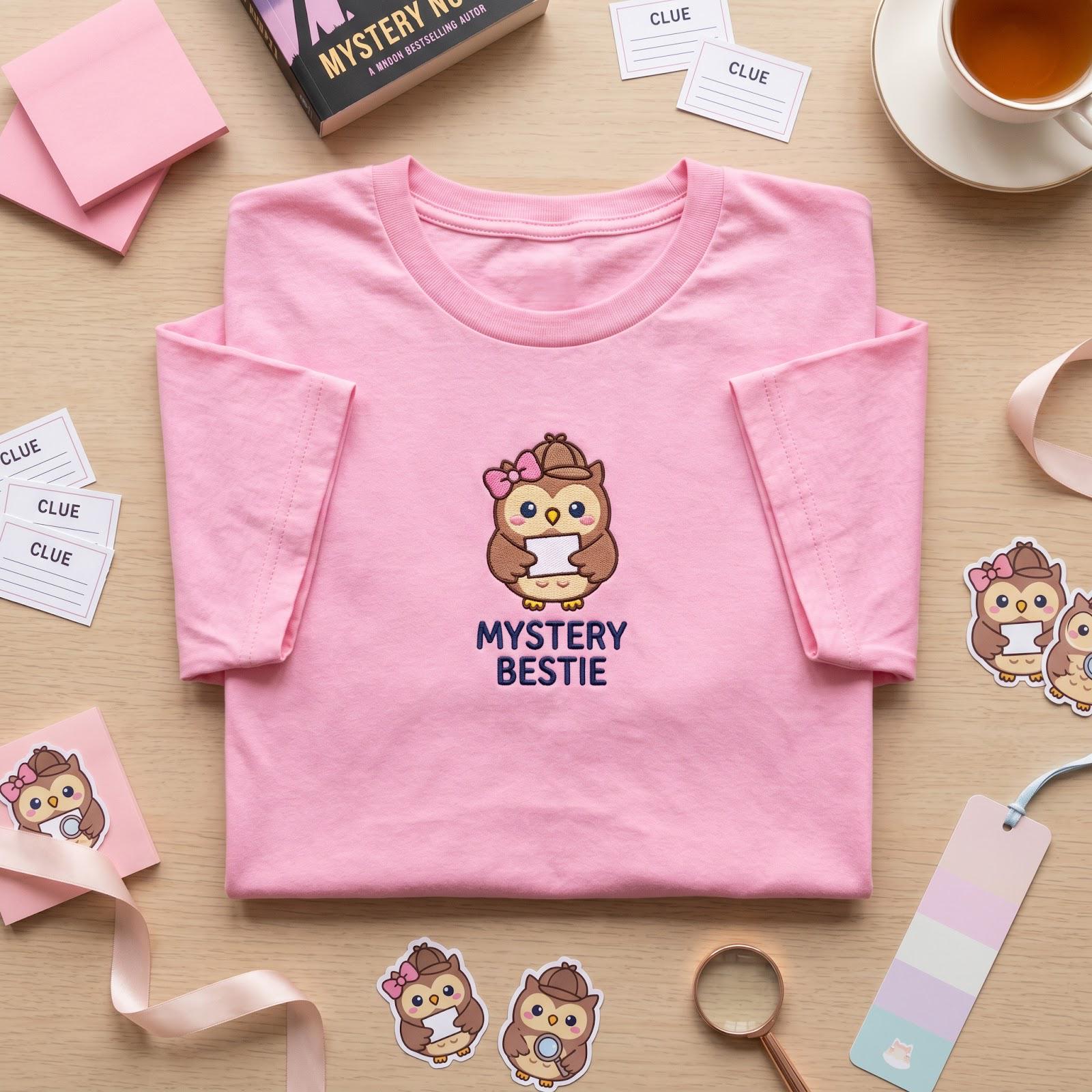 Mystery Bestie Shirt, Cute Girl Owl Detective Embroidered T Shirt, Pink Bow Owl Investigator Tee, Wh
