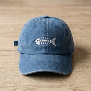 Embroidered Wash Dad Cap, Fish Bone Hat, Skeleton Fish Embroidery, Fisherman Gift, Nautical Bone Art, Minimalist Goth Cap