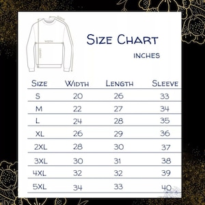 Puede incluir: Una tabla de tallas para una sudadera, con medidas en pulgadas. La tabla incluye tallas de la S a la 5XL, detallando ancho, largo y medidas de manga. El texto "Size Chart" se muestra de forma destacada.