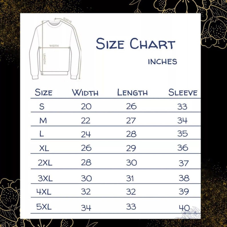 Puede incluir: Una tabla de tallas para una sudadera, con medidas en pulgadas. La tabla incluye tallas de la S a la 5XL, detallando ancho, largo y medidas de manga. El texto "Size Chart" se muestra de forma destacada.
