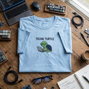 Techie Turtle Embroidered Shirt, Nerd Turtle Laptop Tee, Programmer Gift, Coding Life T-Shirt, Gift for Web Developer, Cute Tech Embroidery