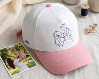 Gorra bicolor con contorno de foto bordado, gorra personalizada con retrato familiar, gorra de béisbol con diseño lineal personalizado, regalo conmemorativo para mamá.