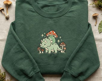 Embroidered Frog Riding Triceratops Sweatshirt, Cute Mushroom Toad Hoodie, Cottagecore Dinosaur Crewneck, Whimsical Animal Apparel