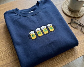 Embroidered Beer Mugs Sweatshirt, St Patricks Day Drinking Hoodie, Four Leaf Clover Beer Shirt, Irish Stout Embroidery, St Pattys Party Top