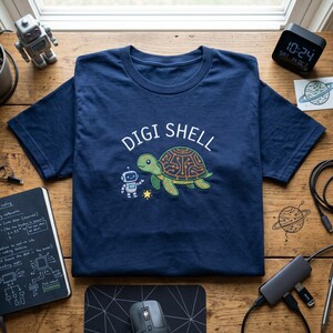 May include: Navy blue t-shirt featuring the text "DIGI SHELL" and a cartoon turtle with a circuit board design. A small robot and star are also in the design. The shirt is folded on a wooden surface.