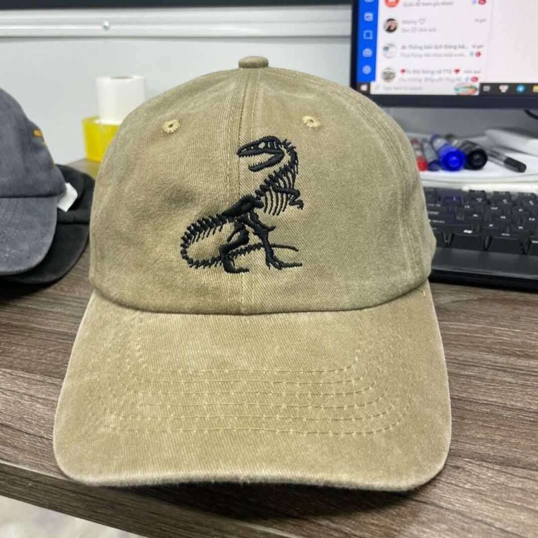 Riding Raptor Yellow Hat Raptor Skeleton Hat, Embroidered Wash Dad Cap, Dinosaur Fossil Cap ...