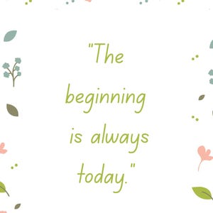 May include: White background with a floral border featuring pink and green accents. The text reads "The beginning is always today." in green, with the quote's author, Mary Wollstonecraft, below.