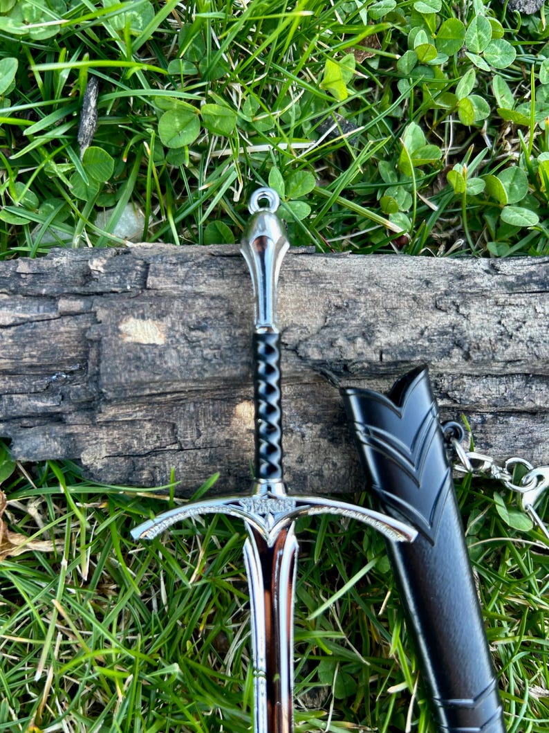 Puede incluir: Una espada decorativa con una hoja y empu&ntilde;adura plateadas, un mango negro y una vaina negra. La espada est&aacute; sobre un trozo de madera, con hierba verde en el fondo.