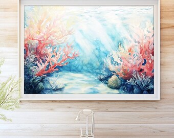 May include: A watercolor painting of coral reefs in shades of pink, red, and blue. The coral is underwater with sunlight shining through the water.
