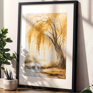 Pode incluir: Uma pintura emoldurada de uma árvore de salgueiro chorão com folhas douradas, de pé junto a um corpo de água tranquilo. A pintura é feita em um estilo pictórico com pinceladas visíveis.