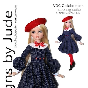 May include: A blue and white polka dot dress with a white collar and red bow. The dress has long sleeves with white cuffs and red buttons. The doll is wearing red tights and black shoes. The dress is designed for 16-inch Ellowyne Wilde dolls. The image includes the text "VDC Collaboration Burst My Bubble for 16" Ellowyne Wilde Dolls" and "Designed by Tamara Casey".