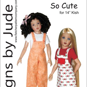 May include: A sewing pattern for making clothes for a 14-inch doll. The pattern is called "So Cute" and is designed by Tamara Casey. The pattern includes two outfits: one with overalls and a white shirt, and one with a red shirt and a heart-print dress.