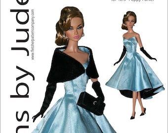 Puede incluir: Un patrón de costura para un vestido azul con ribete negro y una chal negro a juego. El patrón es para una muñeca Poppy Parker de 12,5 pulgadas. El patrón se llama "Reminisce" y cuesta $12.95.