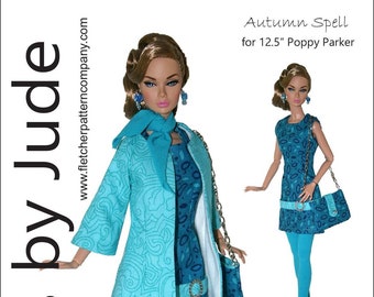 Puede incluir: Un patrón de ropa para una muñeca Poppy Parker de 31,75 cm. El patrón incluye un abrigo azul verdoso con estampado floral, un vestido azul verdoso con estampado floral, medias azules verdosas y zapatos negros. El patrón se llama "Autumn Spell".