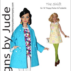 May include: A sewing pattern for a shift dress for 16-inch dolls. The pattern is called "The Shift" and is designed by Tamara Casey. The pattern is available for purchase for $12.95.