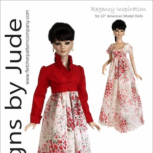 May include: A Regency-inspired doll dress pattern for 22-inch American model dolls. The dress features a white base with a red floral print and a red cropped jacket. The pattern is designed by Tamara Casey and costs $12.95.