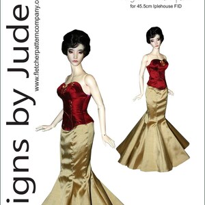 May include: A doll wearing a red and gold evening gown with a fitted bodice and a flowing skirt. The doll is posed with one hand on her hip and the other extended. The gown is designed for a 45.5 cm Iplehouse FID doll. The text "Night at the Opera" and "Designs by Jude" are visible in the image.