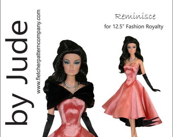 Puede incluir: Un patrón de costura para un vestido rosa y negro para una muñeca de 31,75 cm. El patrón se llama "Reminisce" y es para muñecas Fashion Royalty. El patrón está disponible por $ 12,95.