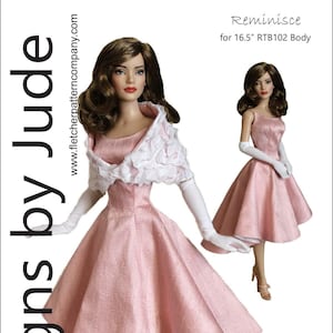 May include: A pink dress with a white lace shawl for a 16.5 inch doll. The dress has a fitted bodice and a full skirt. The doll is wearing white gloves and has brown hair. The image includes the text "Reminisce for 16.5" RTB102 Body" and "£12.95 US".
