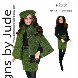 May include: A green and black skirt and cape set for a 16.5 inch doll. The set includes a green skirt with a black belt, a green cape with a black trim, and a black hat. The doll is wearing black tights and black boots.