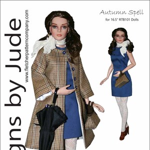 May include: A doll outfit pattern for 16.5 inch dolls. The pattern includes a plaid coat, a blue dress, and white tights. The pattern is called "Autumn Spell" and is designed by Tamara Casey. The price is £12.95.