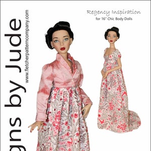 Może przedstawiać: Cyfrowy wzór na suknię w stylu Regency dla lalki o wysokości 40,6 cm. Suknia jest różowa i biała w kwiatowy wzór z długim trenem. Wzór został zaprojektowany przez Tamarę Casey i kosztuje 12,95 $.