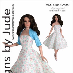 May include: A pattern for a doll dress and bolero. The dress is white with a pink and blue floral print. The bolero is light blue with a white polka dot pattern. The pattern is for 16.5 inch dolls. The pattern is designed by Tamara Casey.