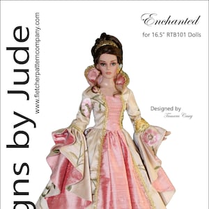 May include: A pattern for a doll dress called "Enchanted" designed by Tamara Casey for 16.5 inch RTB101 dolls. The dress is a pale pink and cream colour with gold trim and floral embroidery. The pattern is available for £12.95.