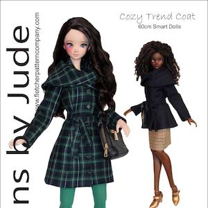 May include: A doll wearing a green and navy plaid coat with a matching belt, green tights, and black boots. The image also shows a second doll in a navy coat and plaid skirt. Text on the image reads "Cozy Trend Coat" and "Designs by Jude."