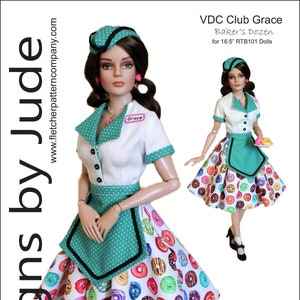 May include: A doll wearing a white and teal dress with a donut pattern. The doll is holding a plate with donuts. The dress is for 16.5 inch dolls. The text "VDC Club Grace Baker's Dozen for 16.5" RTB101 Dolls" is on the image. The text "Designed by Tamara Casey" is on the image. The text "£10.00" is on the image.