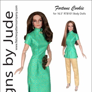 May include: A sewing pattern for a green and gold brocade dress and trousers for a 16.5 inch doll. The pattern is called "Fortune Cookie" and is designed by Tamara Casey.
